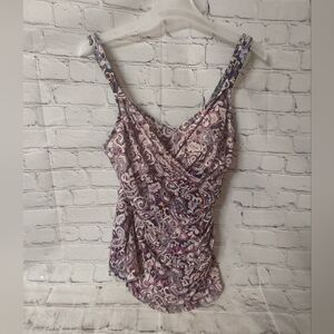 Lands End Swim One Piece Paisley Shelf Bra Blue Pink Swimsuit 16